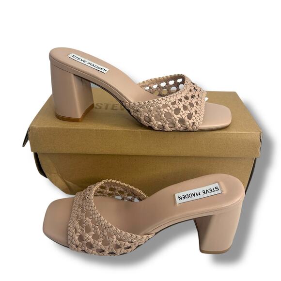 Steve Madden Heels Size 8 Mania Woven Block Heel Sandals Blush Nude Slip On Mule - Picture 2 of 12